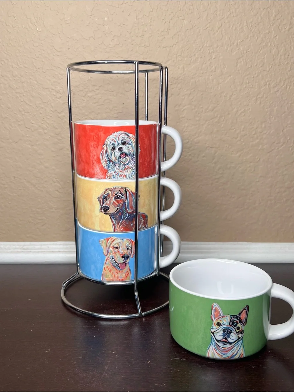 Vintage 2000s Pier 1 Dog Mug Set w Stand 4 Stoneware Cups